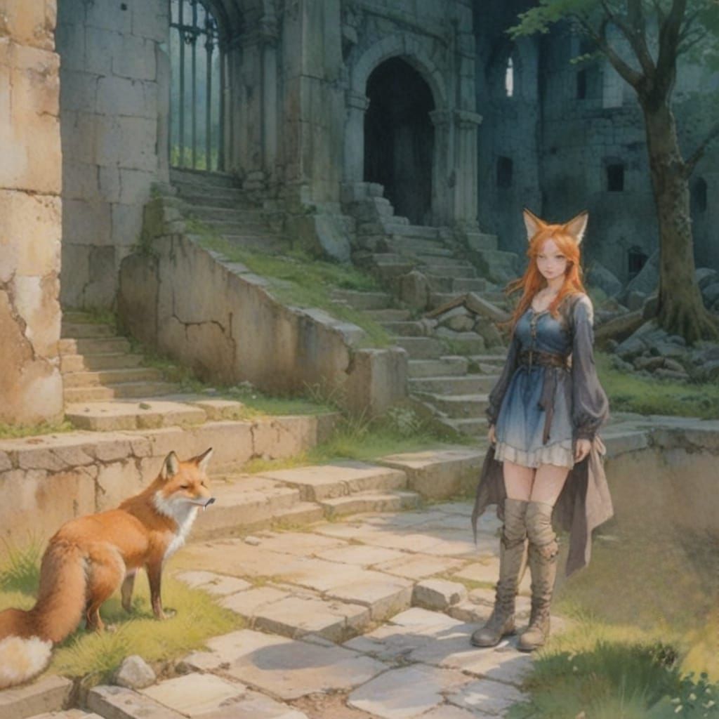 Fox-girl Vixen and Jim the fox spirit exploring a ruin.