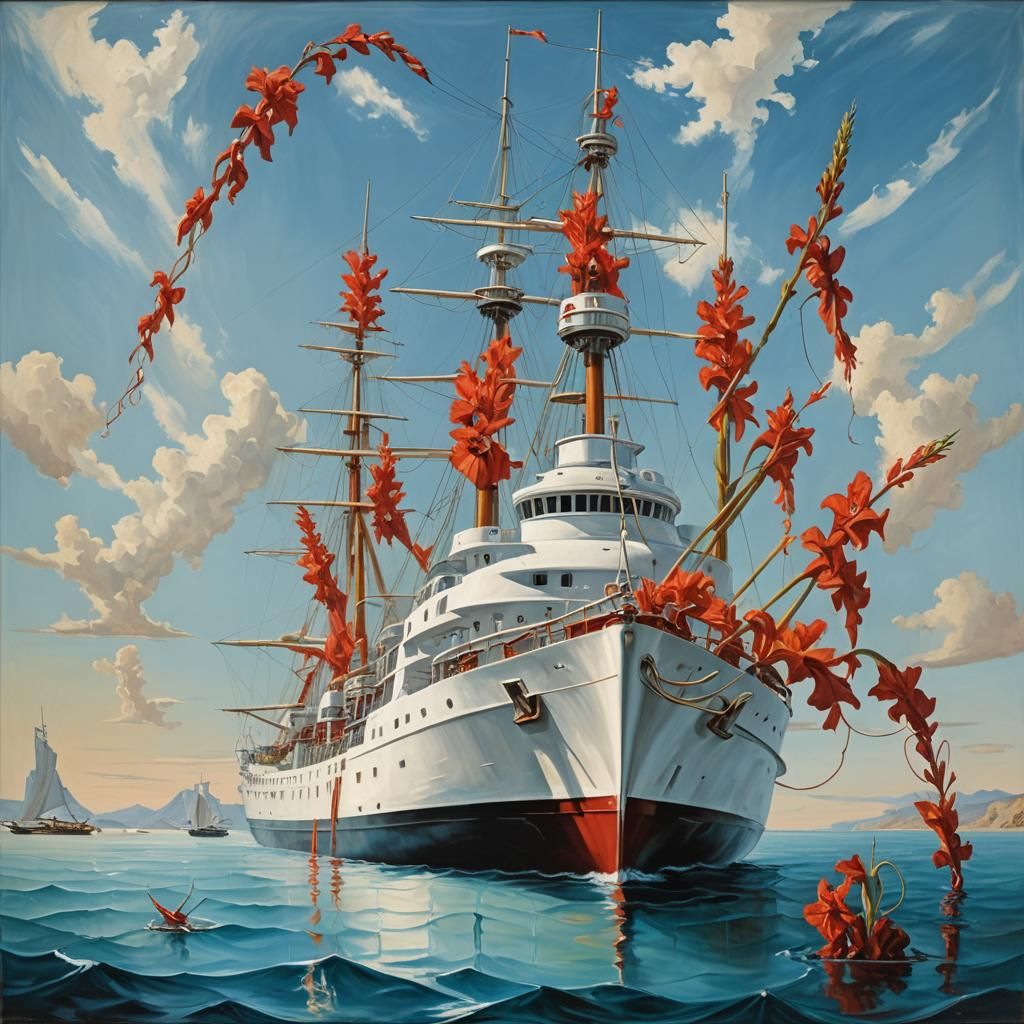 a white corvette ship with huge red gladioli