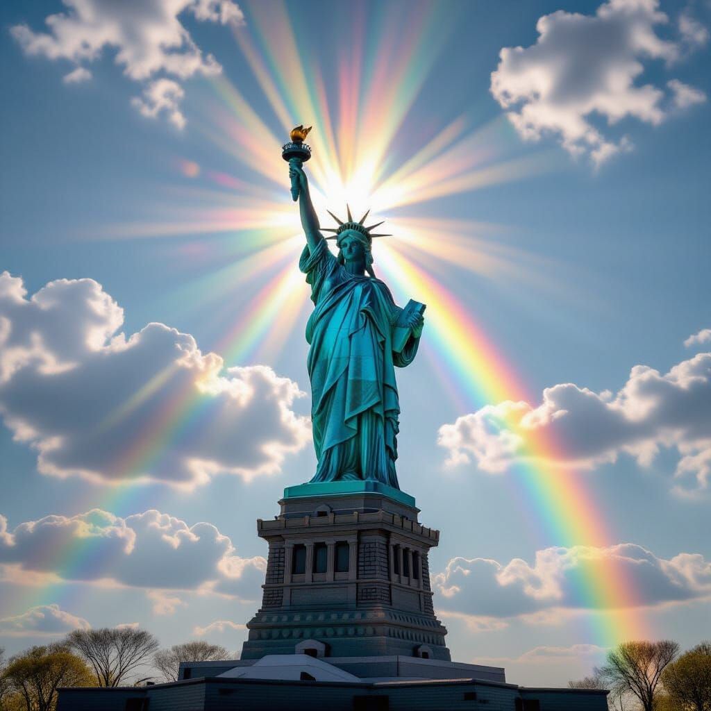 Imagine a high resolution 35 mm photograph of a gigantic prismatic crystal sculpture of the statue of liberty that reaches up to the sky The...