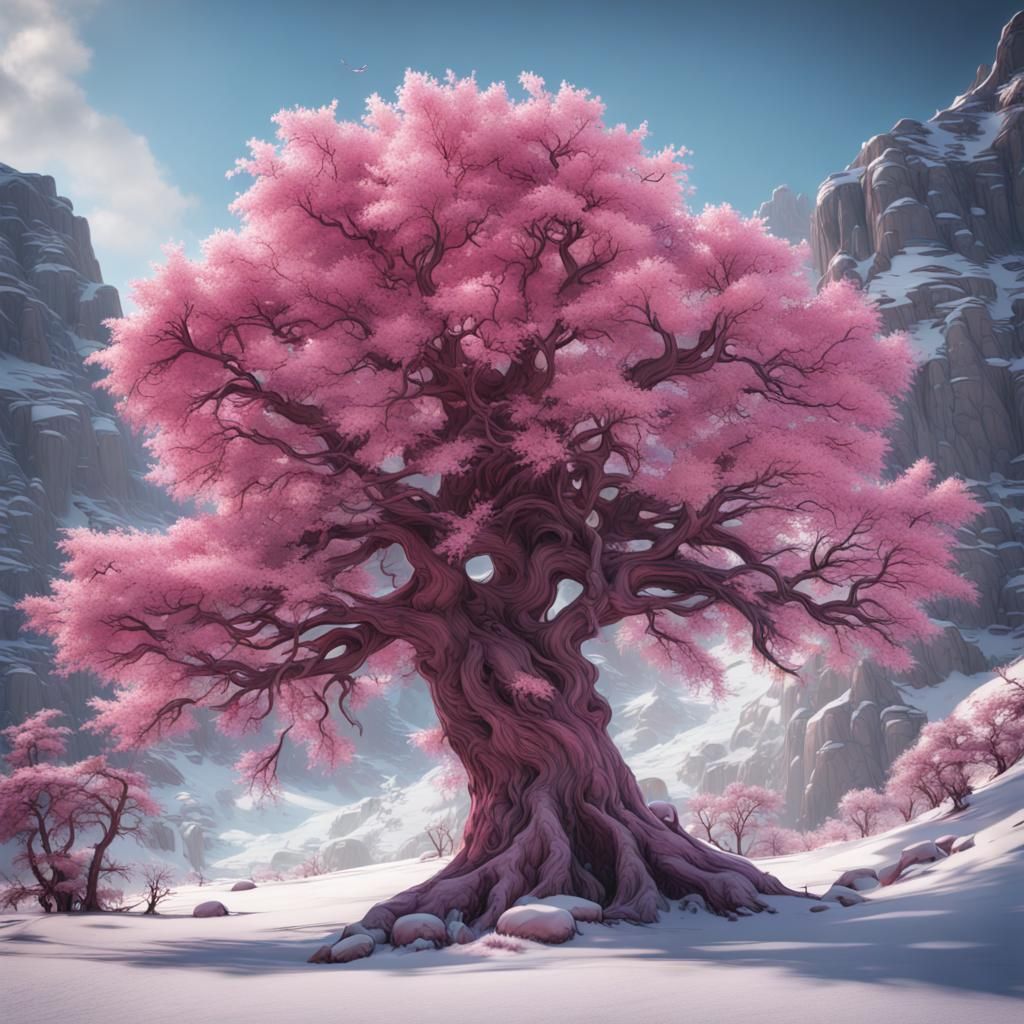 ÁRBOL COLOR ROSA SOBRE LA NIEVE