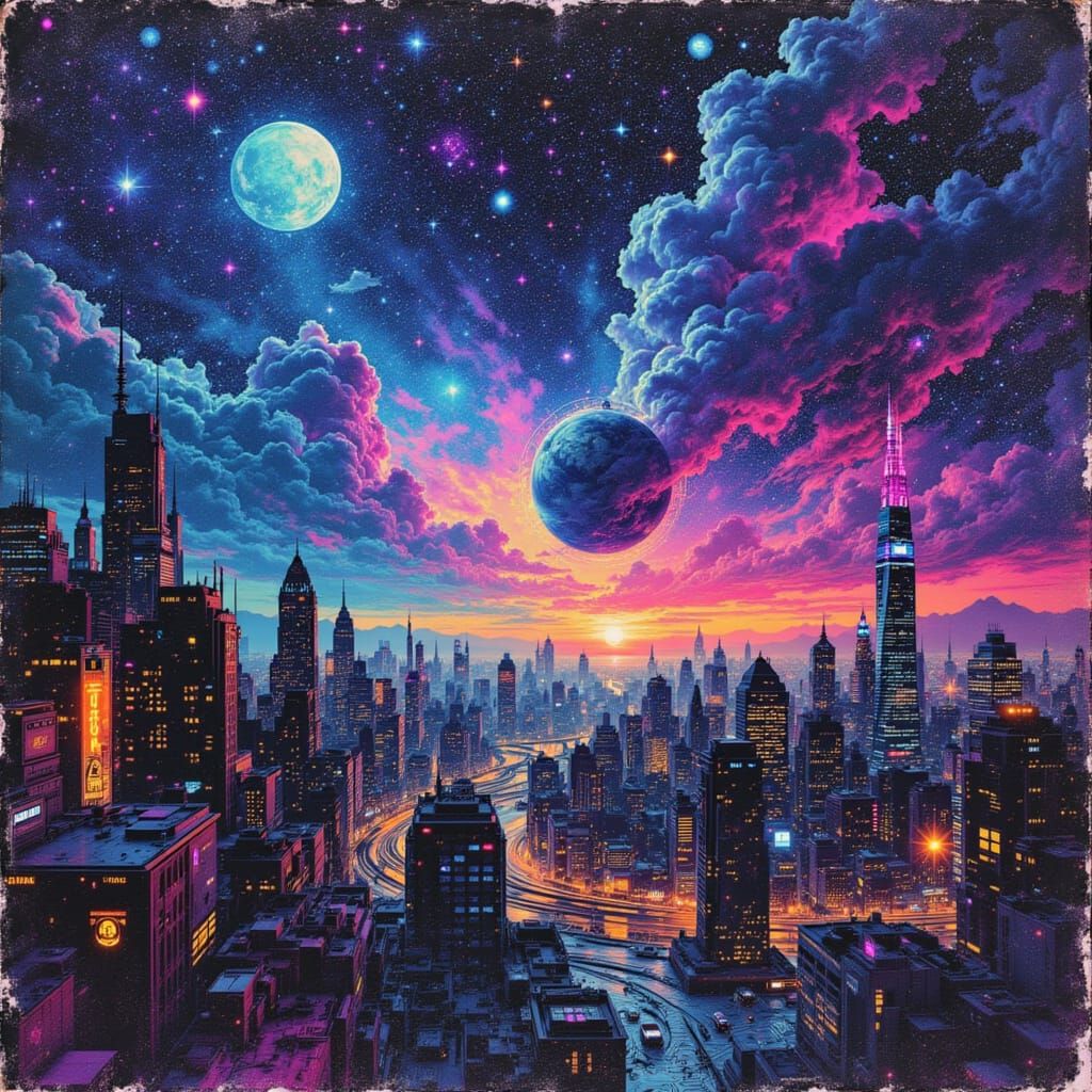 <lora:Murraypunk Flux:1.0> Cities that rest on top of constellations in the sky