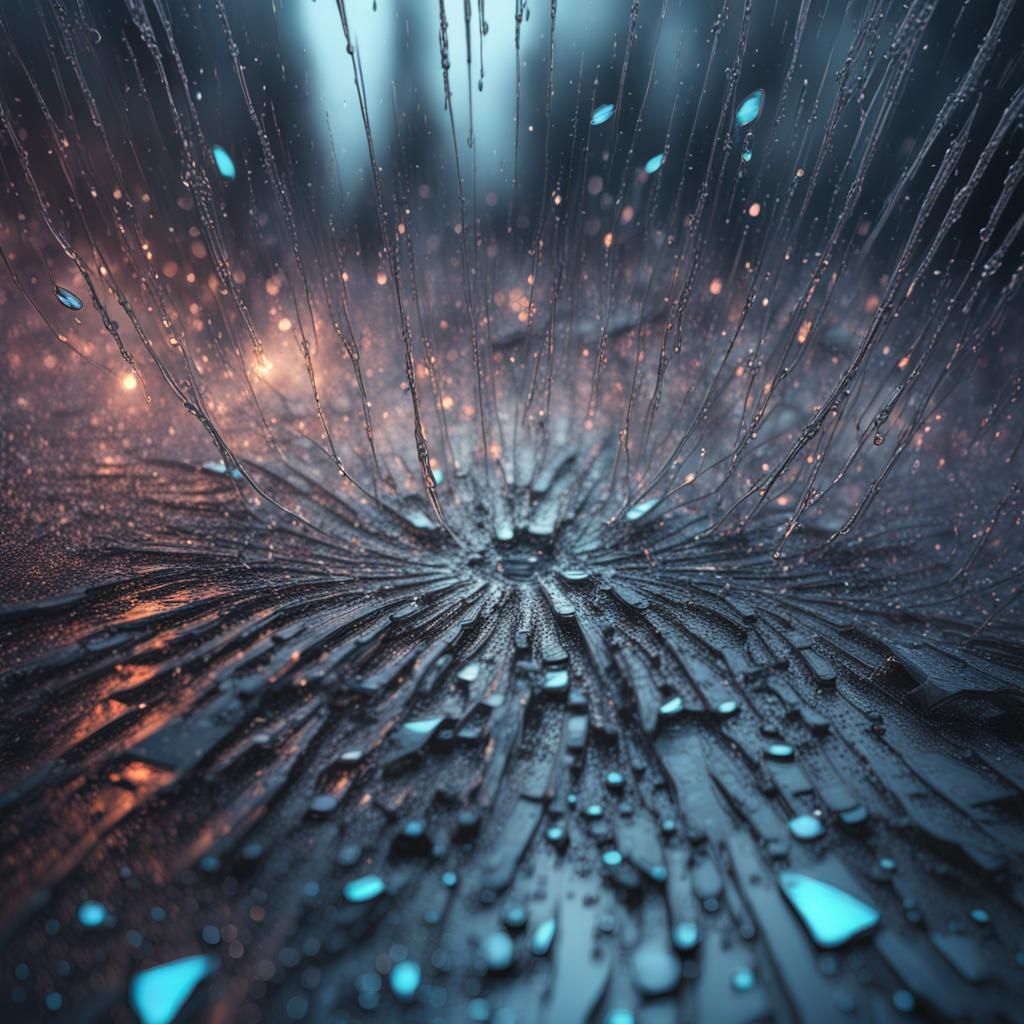 Abstract rain dotted frozen broken shattered glass framed