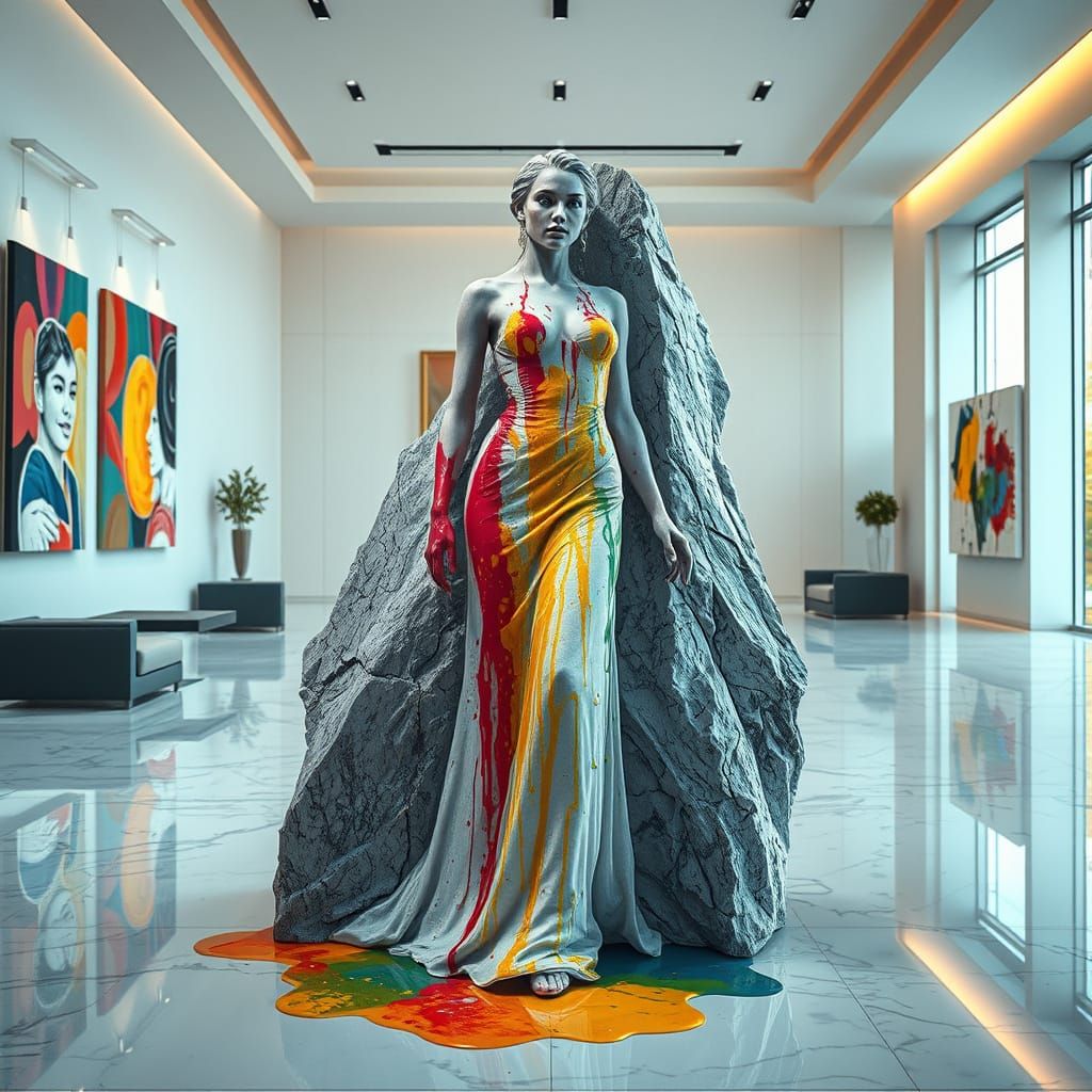 A beautiful woman frozen into a statue, she is splashed with multicoloured paint, dripping on the floor, ...  by @Gerryb