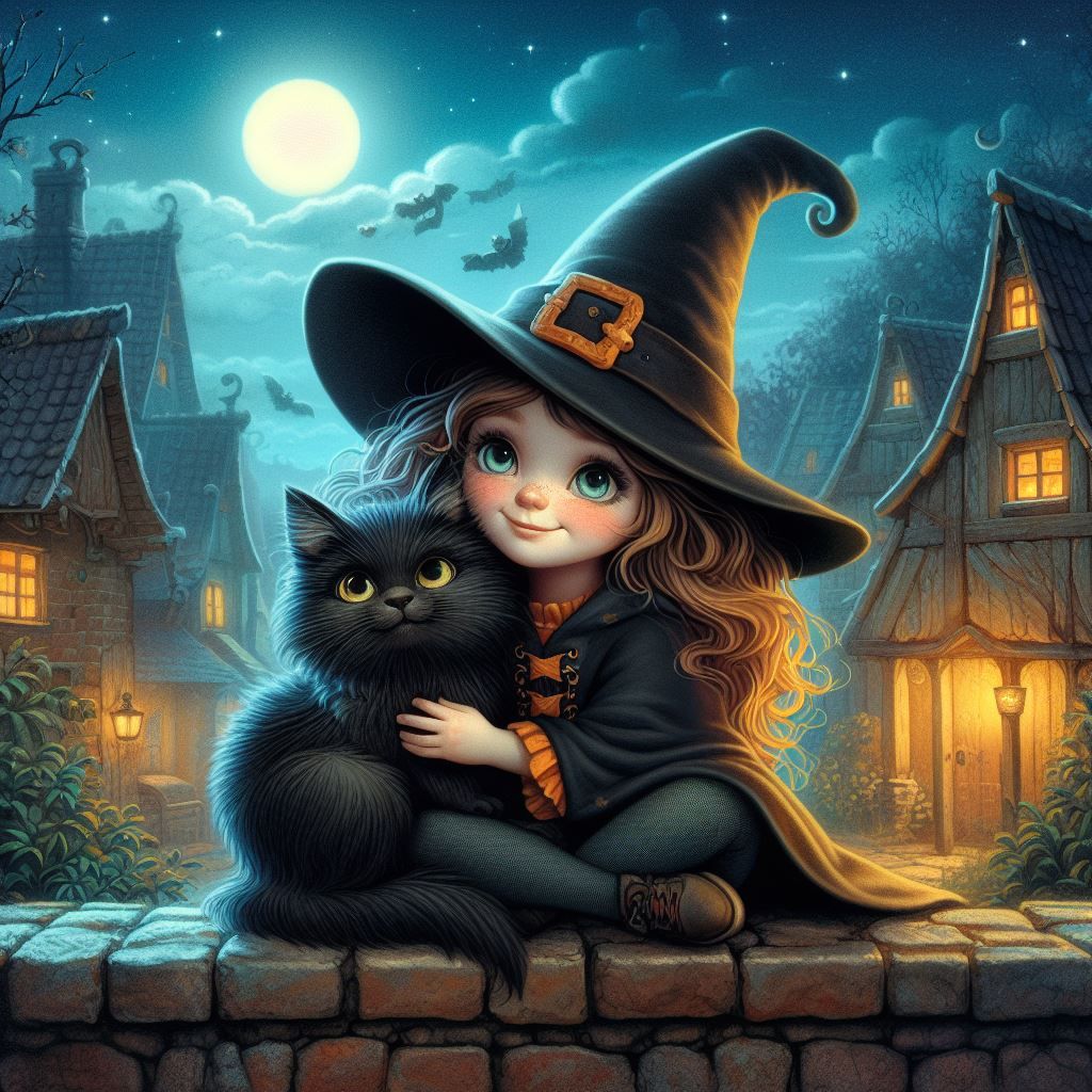 A cute witch and a fluffy black kitten Anton Pieck. centered in canvas
