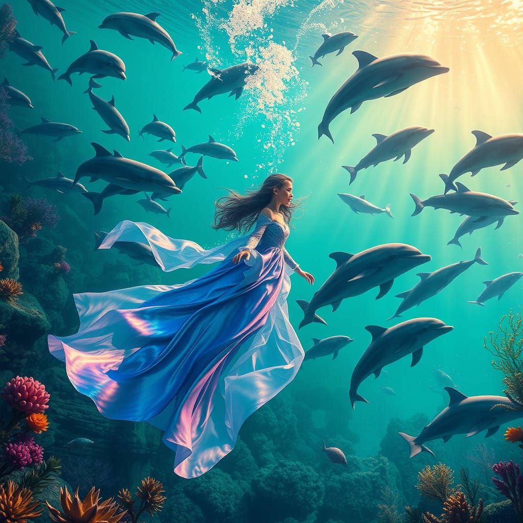 colorful underwater world with sun beams and dolphin meets diving girl. magic moment.  by @Fahim Ahmed