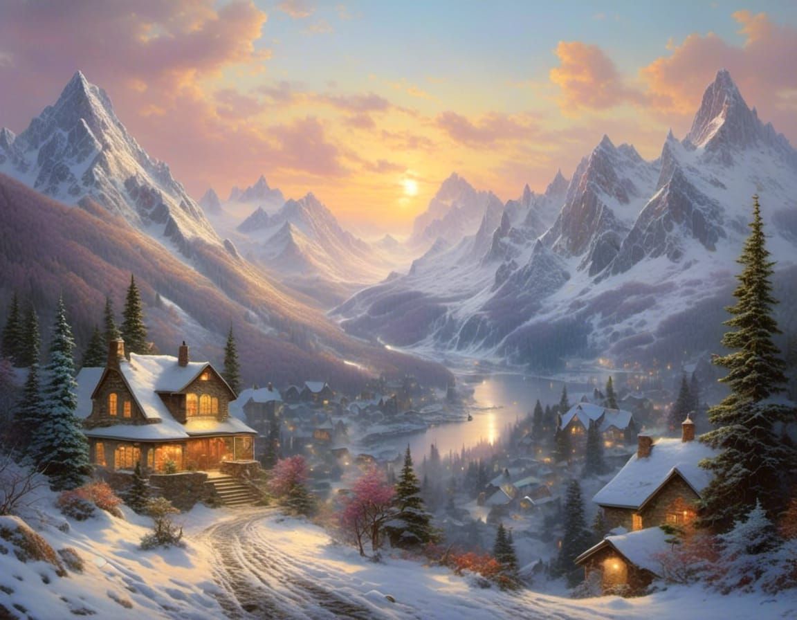 Beautiful Sunset on a Majestic Snowy Mountain in Style of Th...