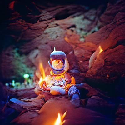 Astronaut sitting at a campfire in dark cave Kodak Ektar