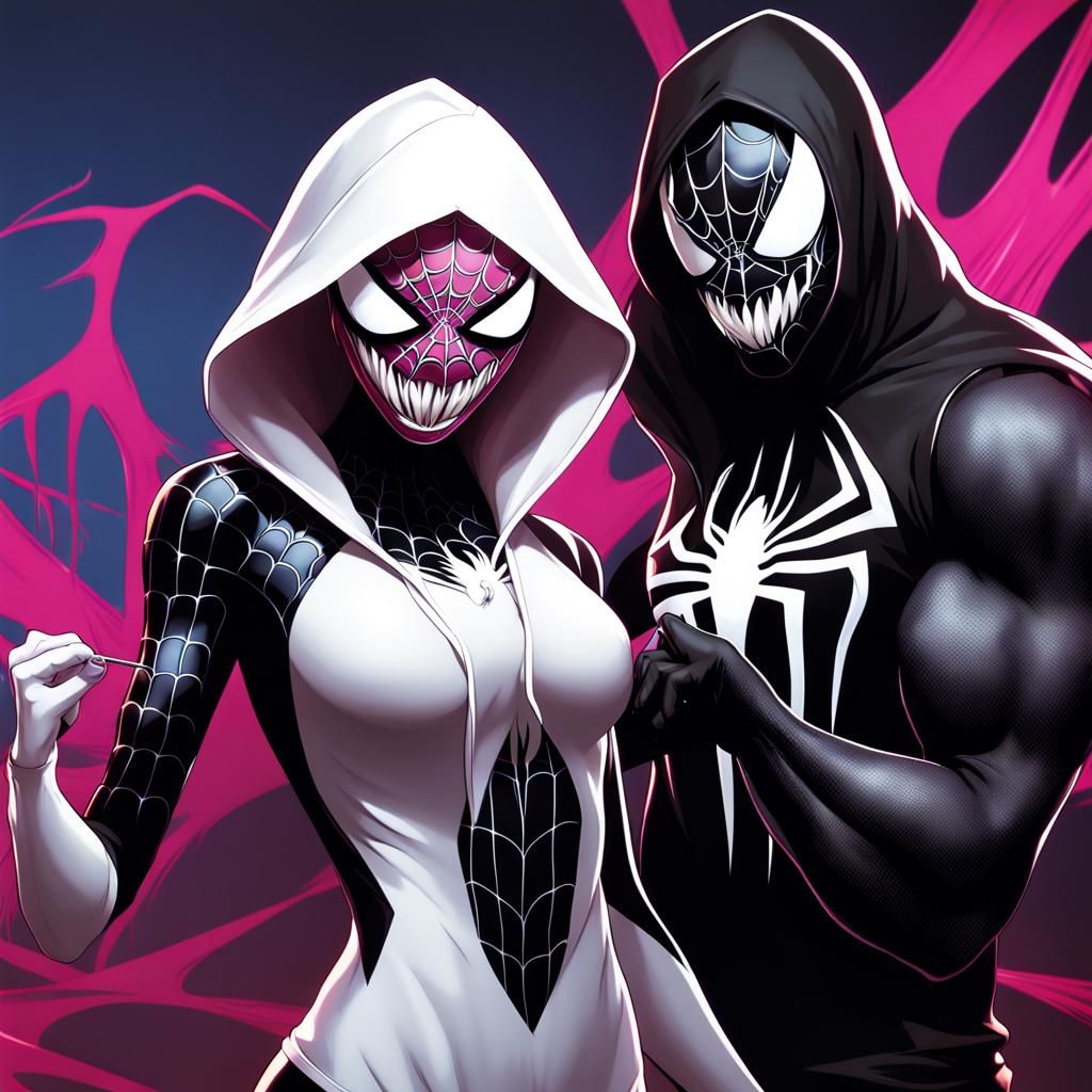 Spider-Gwen Venom Symbiote, with hood and mask, holding a male criminal,  Spider-Gwen mouth open, about to eat them - AI Generated Artwork -  NightCafe Creator