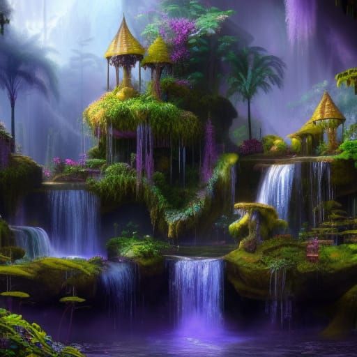 A Very Detailed Stunningly Beautiful Magical Waterfall Garden With A ...