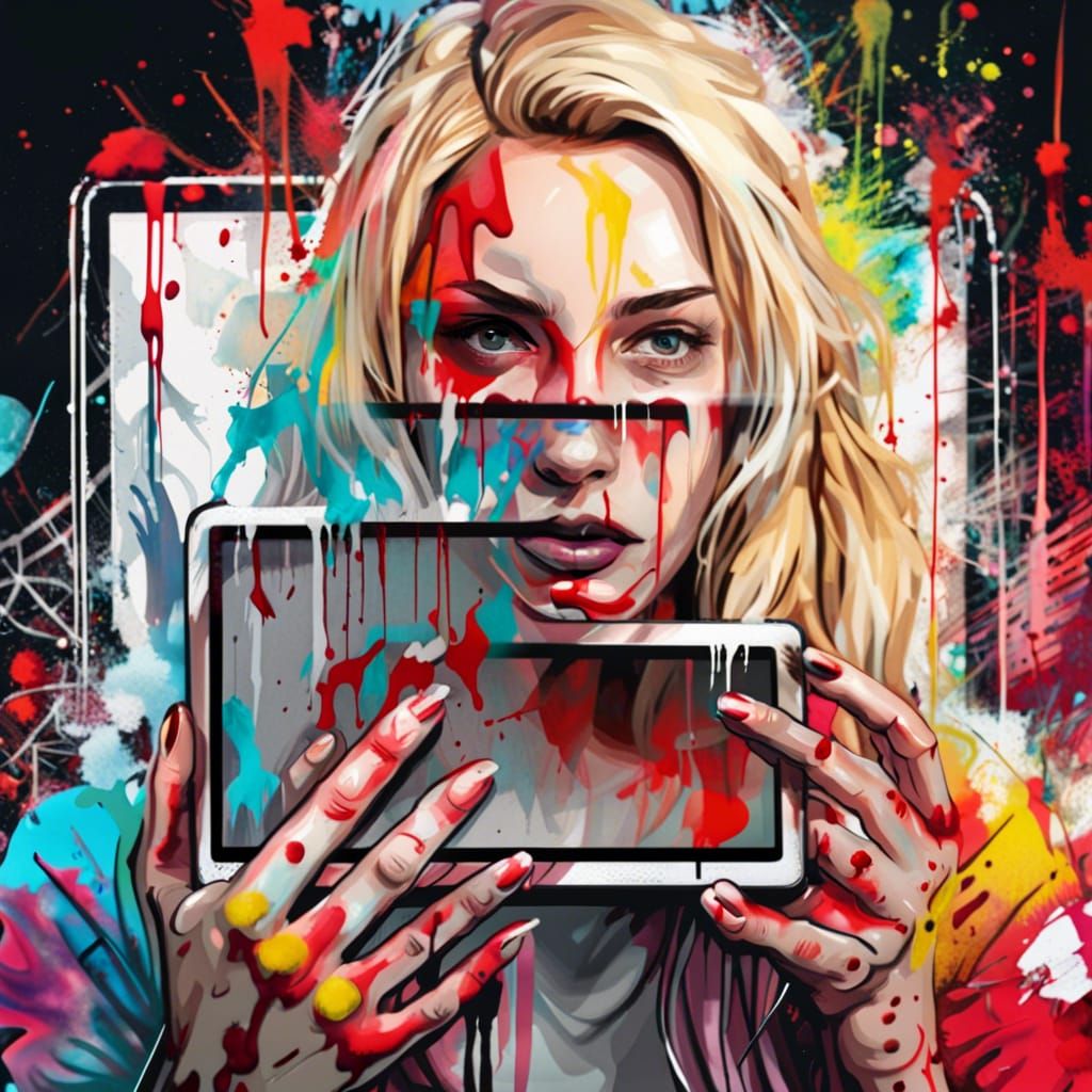 A tablet screen, a Youtuber, a blonde white woman, blood str...