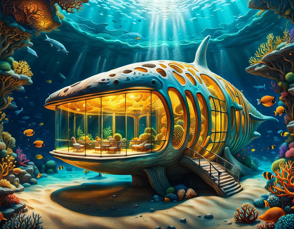 8k, panoramic view focused on a full underwater adapted building, see through, inspired by whale's skeleton ...  by @Chrisler451