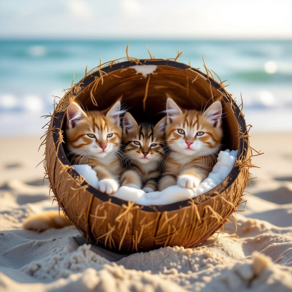 Cats Sit in Coconut Halves by the Sea