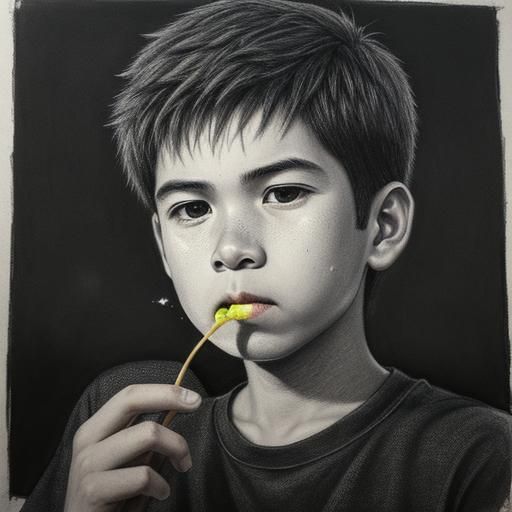 A boy eating apple sweating in a night weather in a big city