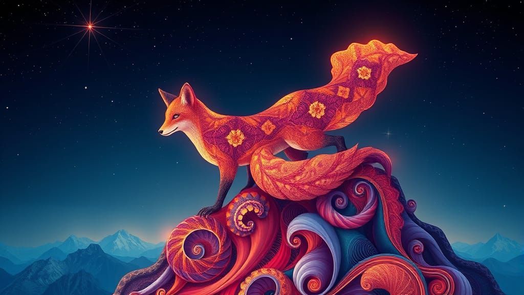 fractal FireFox, intricately designed with repeating patterns and shimmering fur, perched atop a spiraling mountain, under a starry sky, in ...