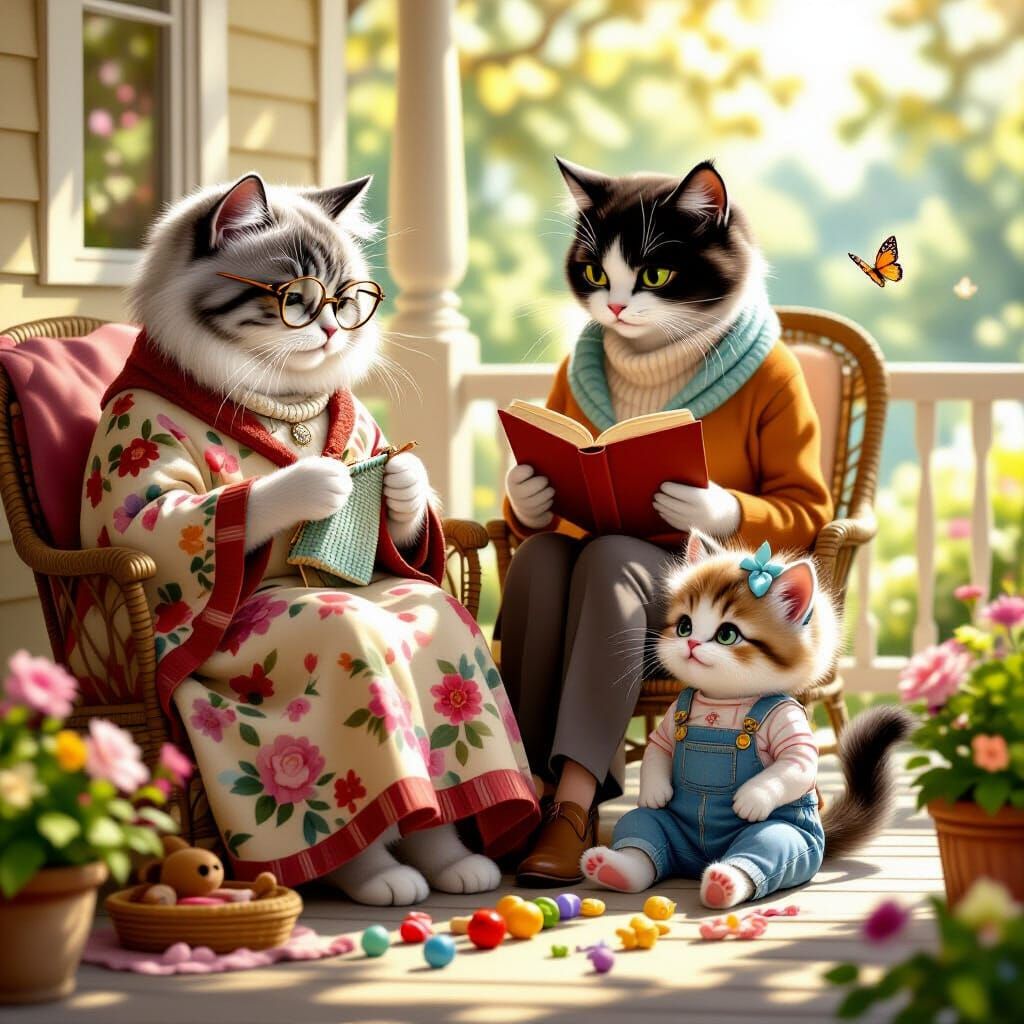 Grandma Gen X, Mom Millennial, and Child Cats  by @zephyrael