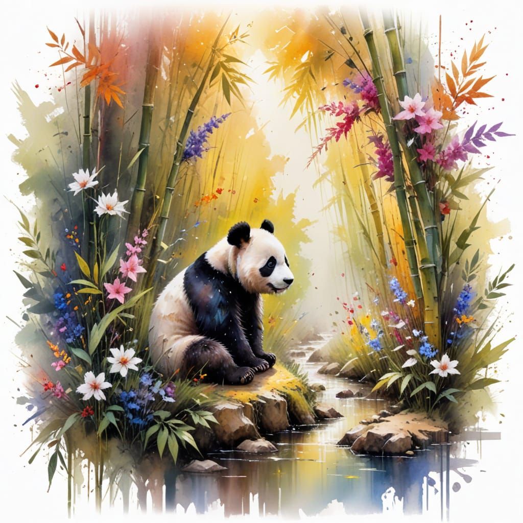 Martial-arts panda explorer drifting between floating coral-spires high above the clouds, soft pastel watercolor underpainting with sharp di...