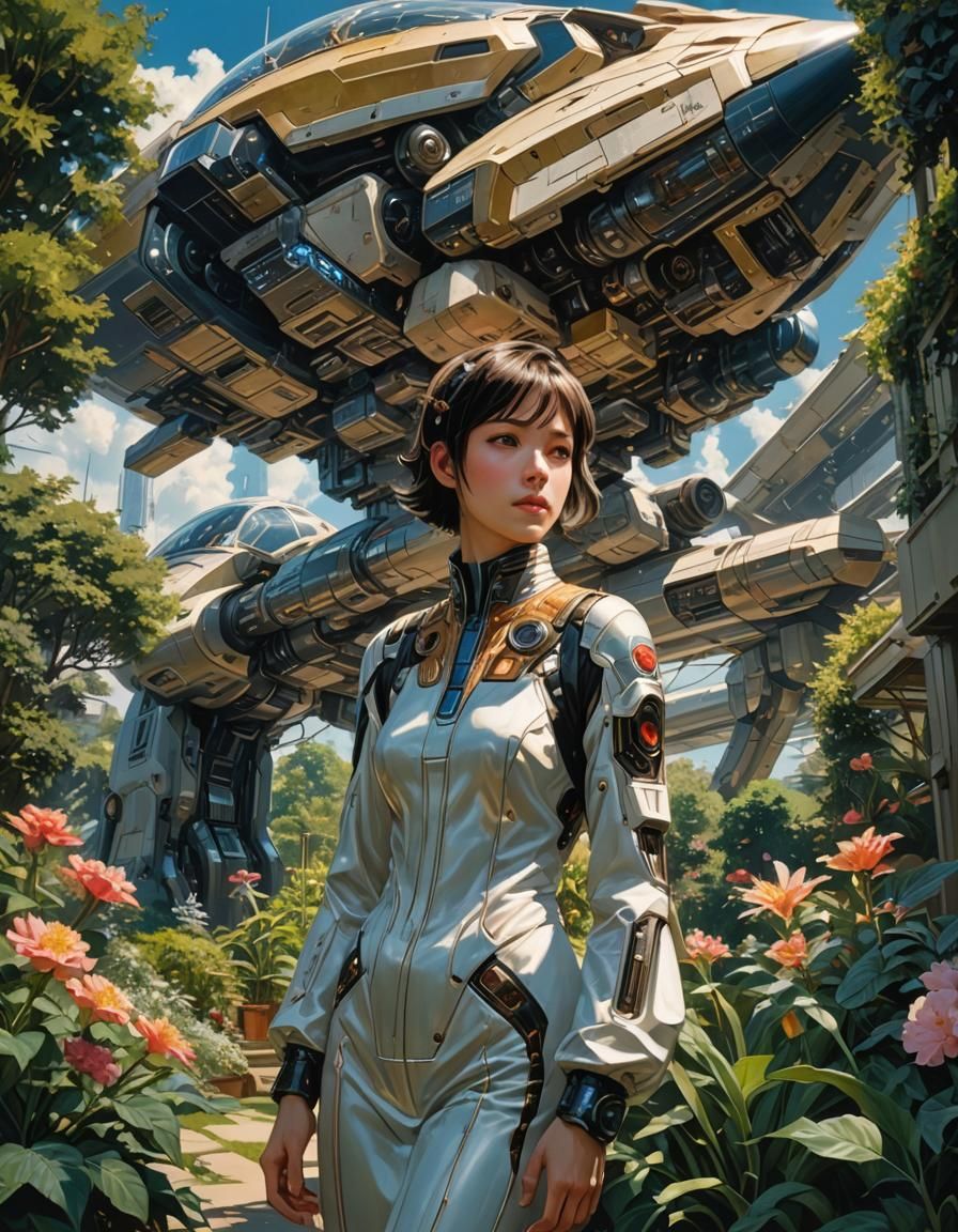 Cyberpunk Spaceship in Garden, Anime Style