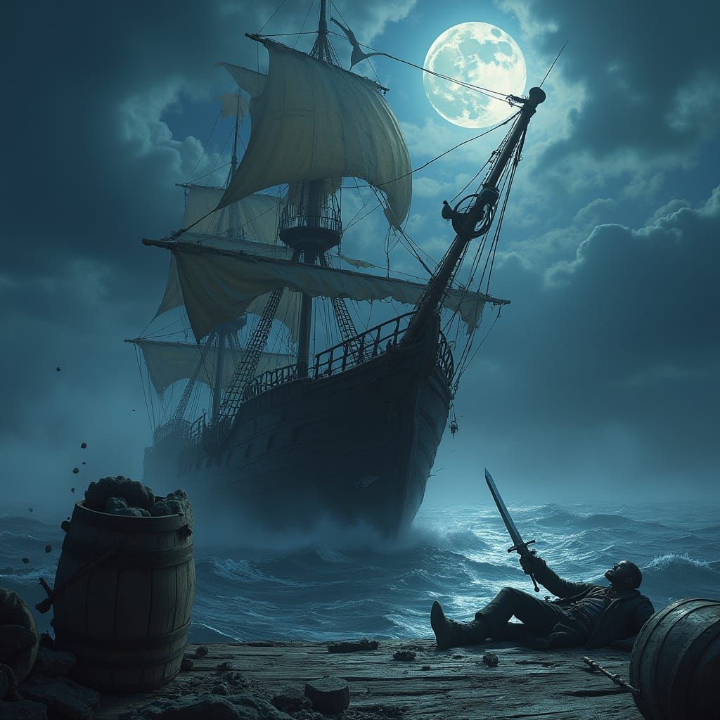  Create an image of an old pirate ship being completely out of control, "three sheets to the wind". The feeling of imminent doom and fear bu...