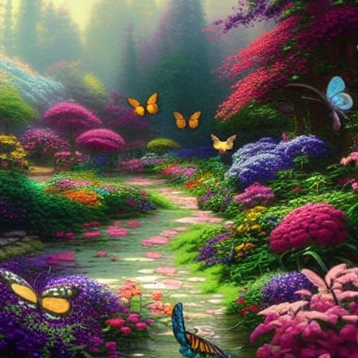 dream garden, hyper-detailed, animals, butterflies, beautifu...