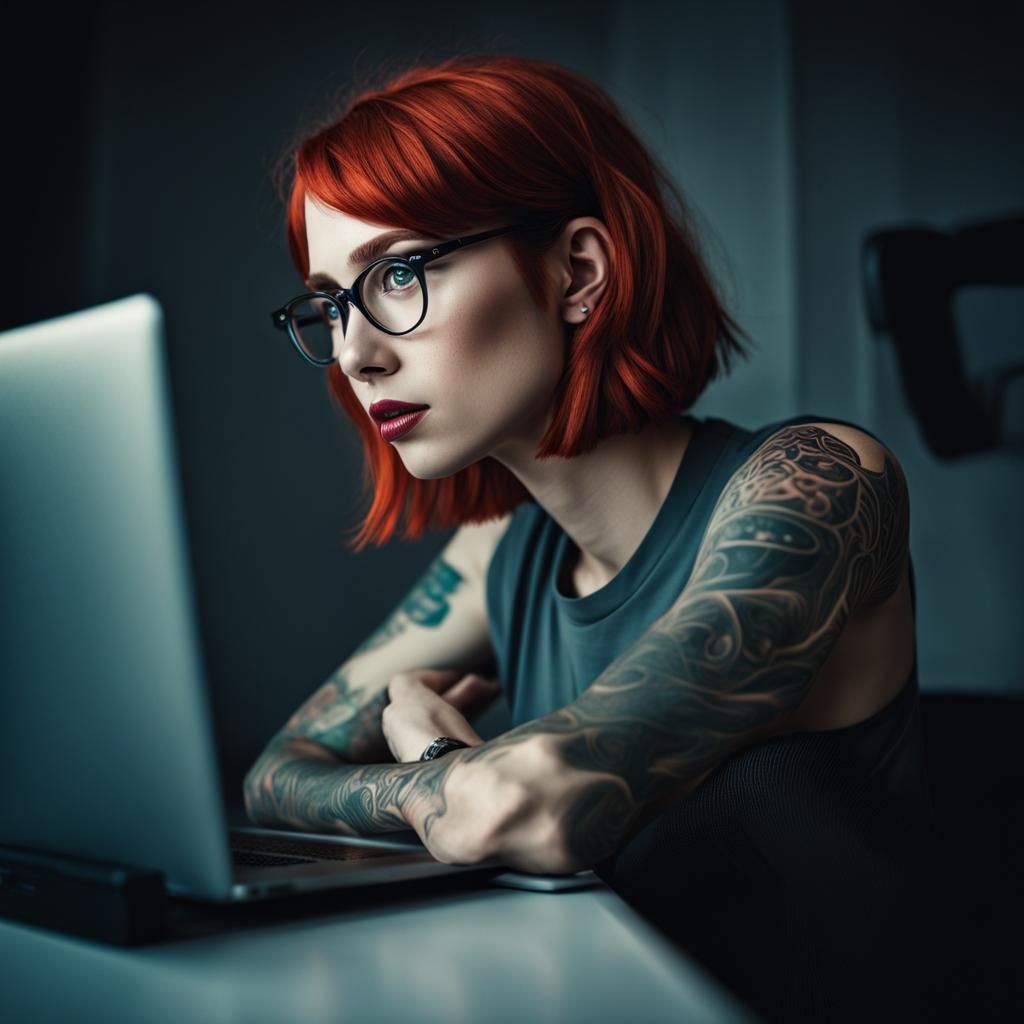 young woman with glasses, Redhead, bob,  big eyes, cheekbone...