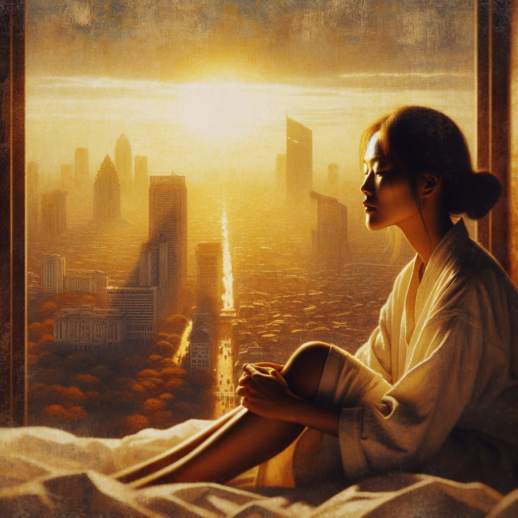 🌅👩‍🦰✨ A woman, bathed in the golden light of a setting su...