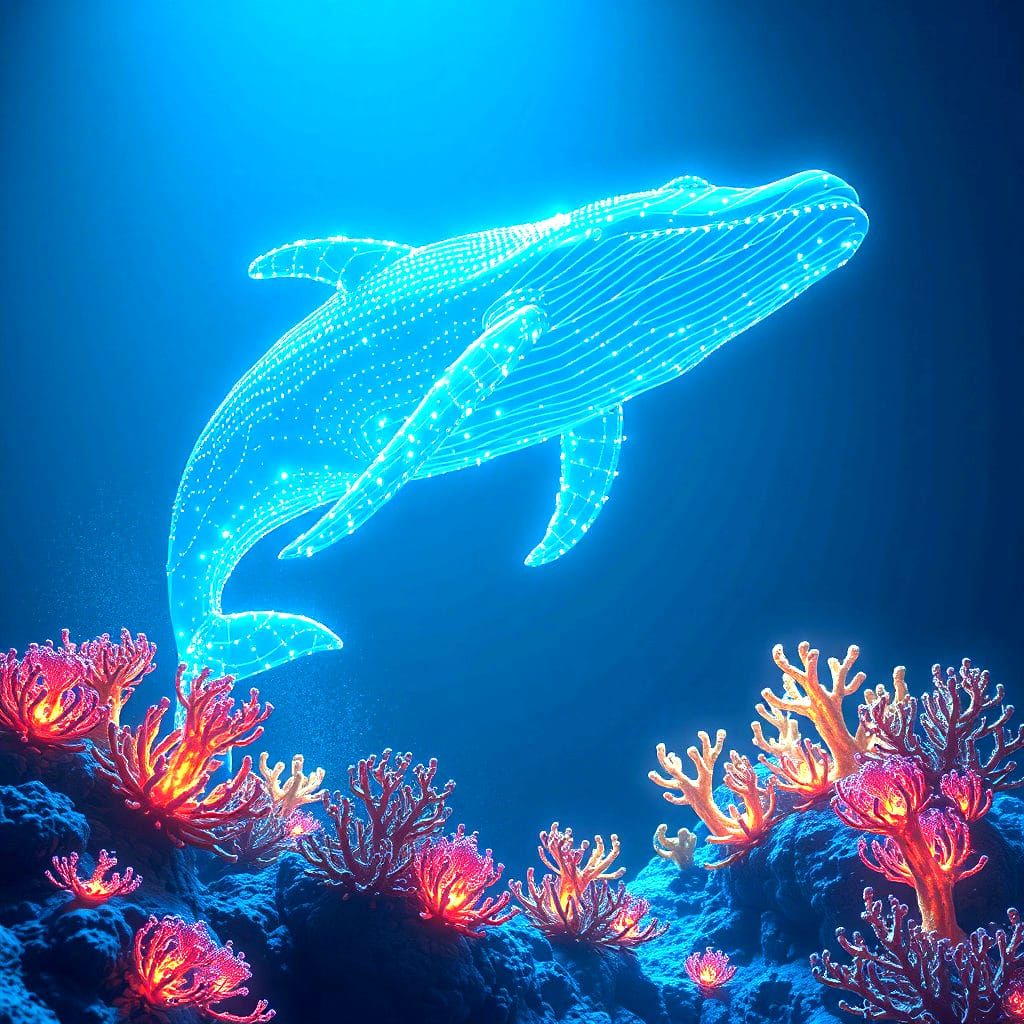 Whale made of light in ocean jumping pose swimming and glowing corals  by @Primary_artiste