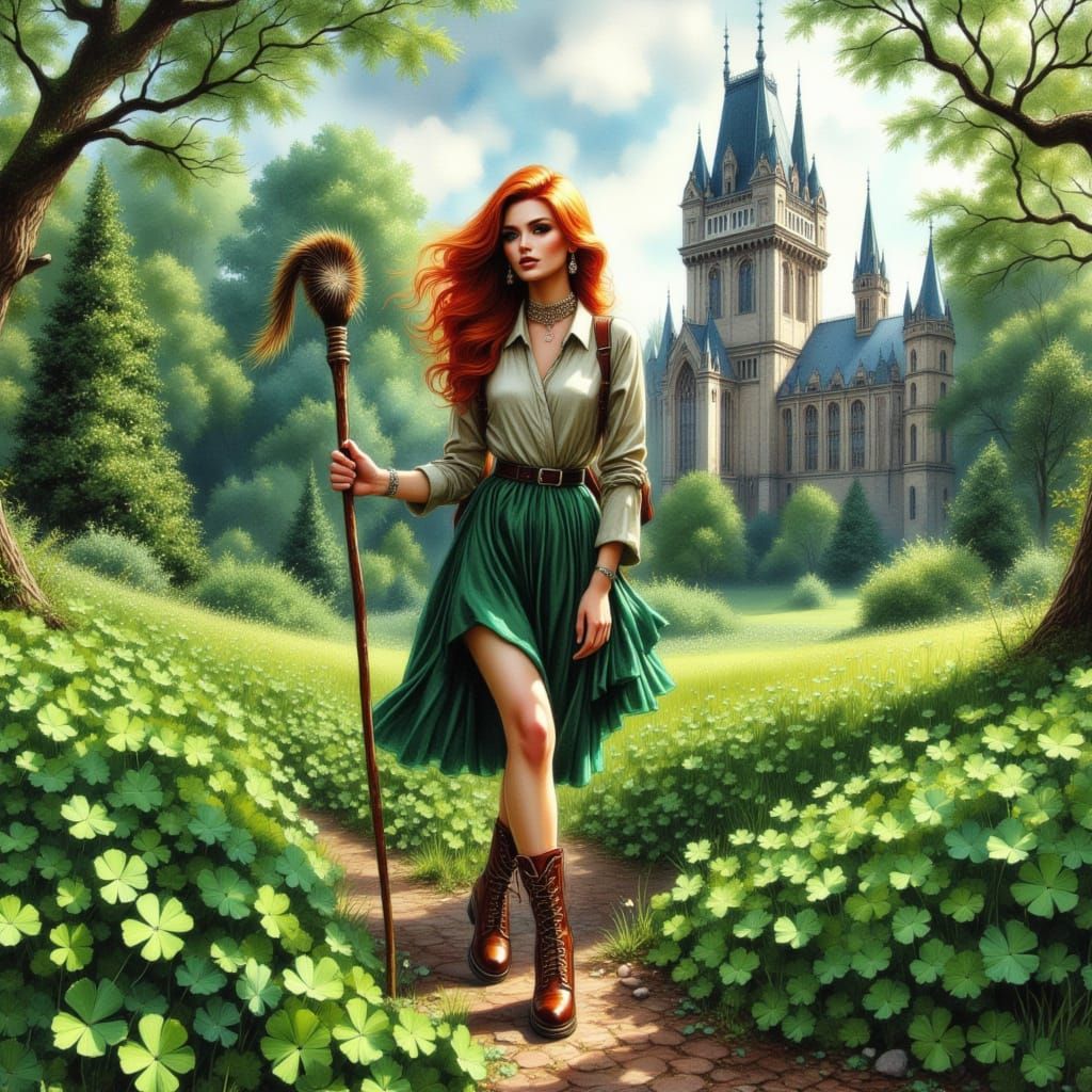 blacklit vibrant colors. gorgeous red-hair irish lassie hiking with walking stick and backpak in meadow of four-leaf clover with castle in b...