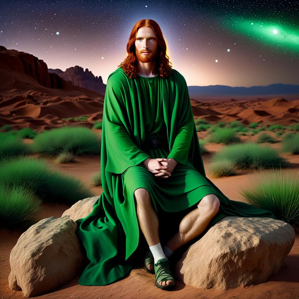 Beautiful young redhaired and greeneyed Jesus Christ sitting on a rock ...