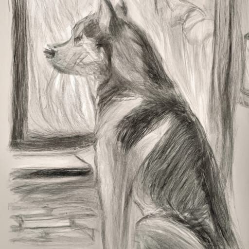Pencil Sketch of a husky next to the window