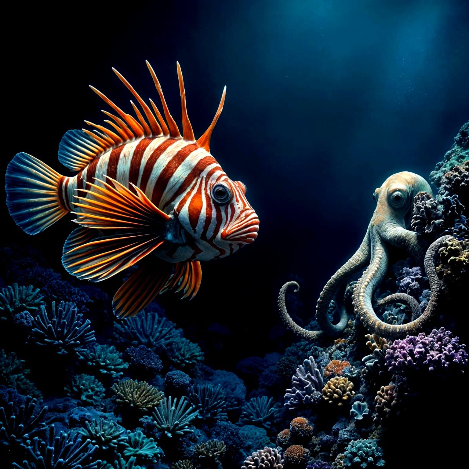 A large, colorful lionfish swims leisurely past a octopus ...  by @EHACKMANN 