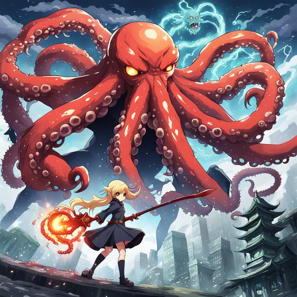Witch battling an evil demon octopus kaiju  by @Aick