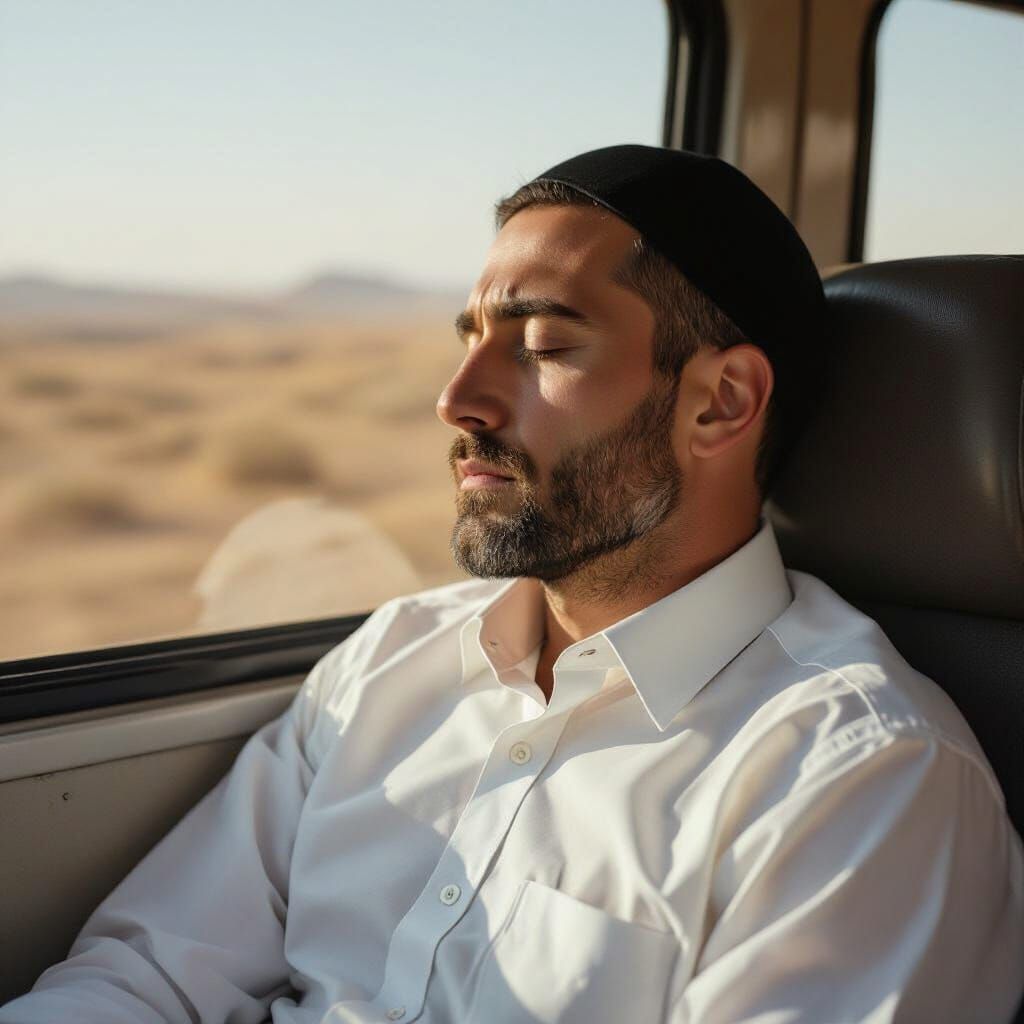 Man Rests on Bus in Desert Landscape, Realism Style