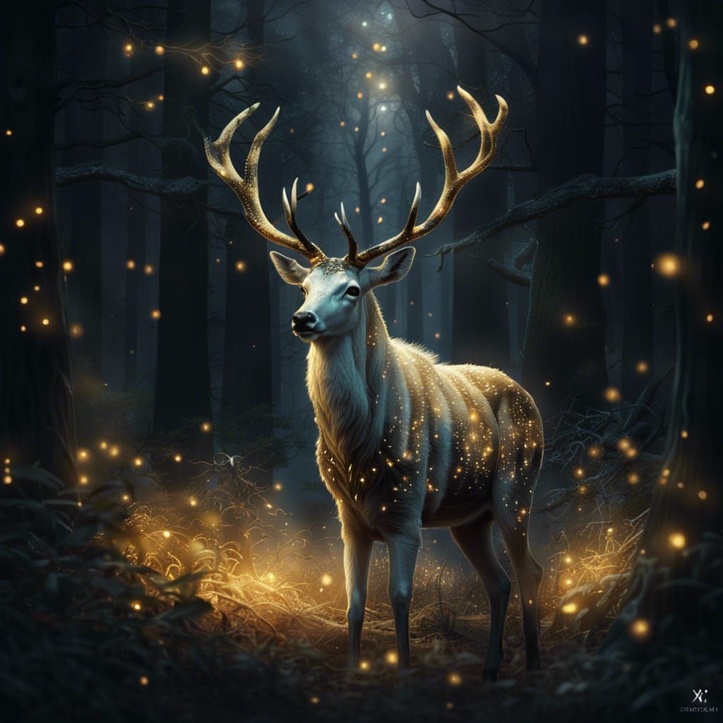 An angelic white deer with glowing horns in dark forest at n...