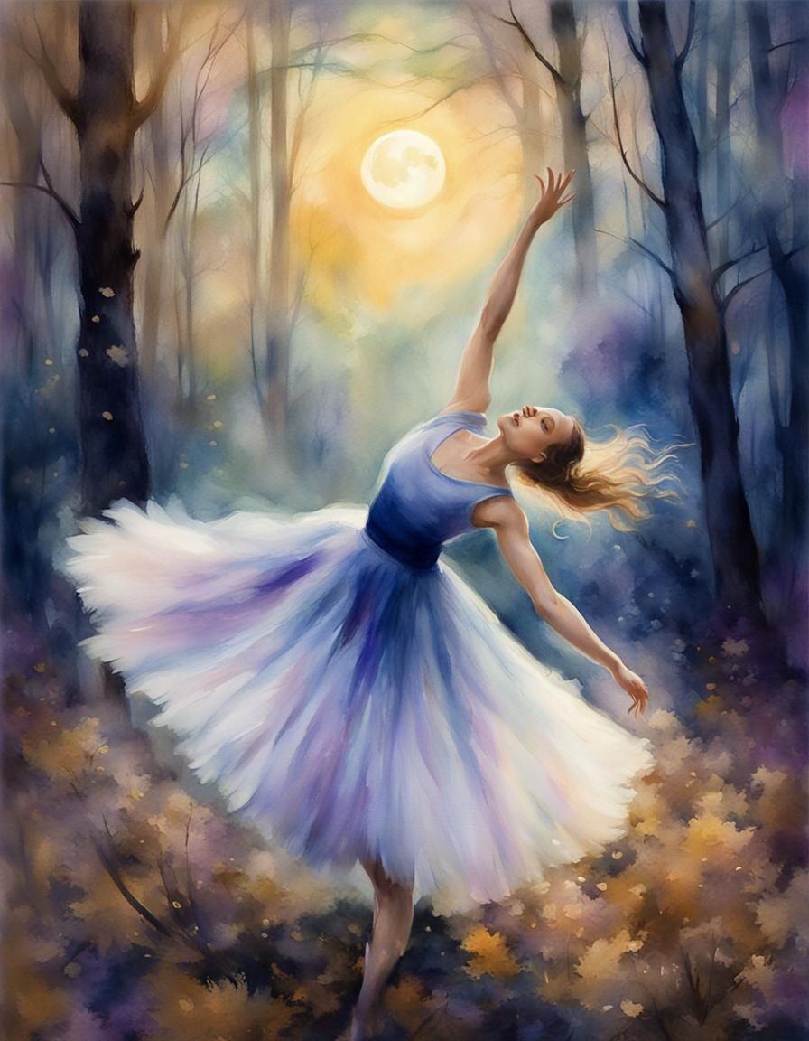 A beautiful dancer dancing in the forest under the light of the harvest moon.