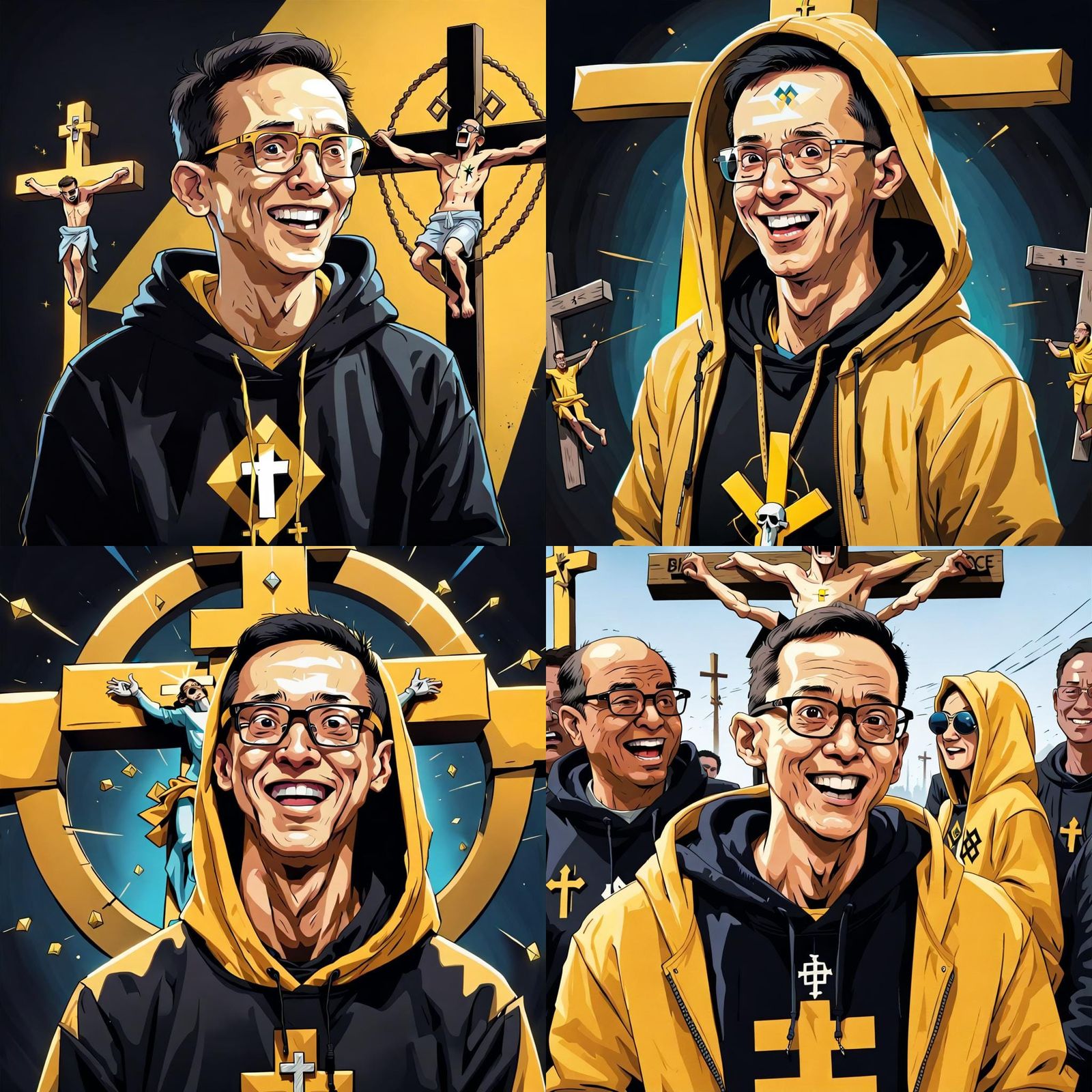 Colorful cartoon of CZ Binance with small round glasses in b...
