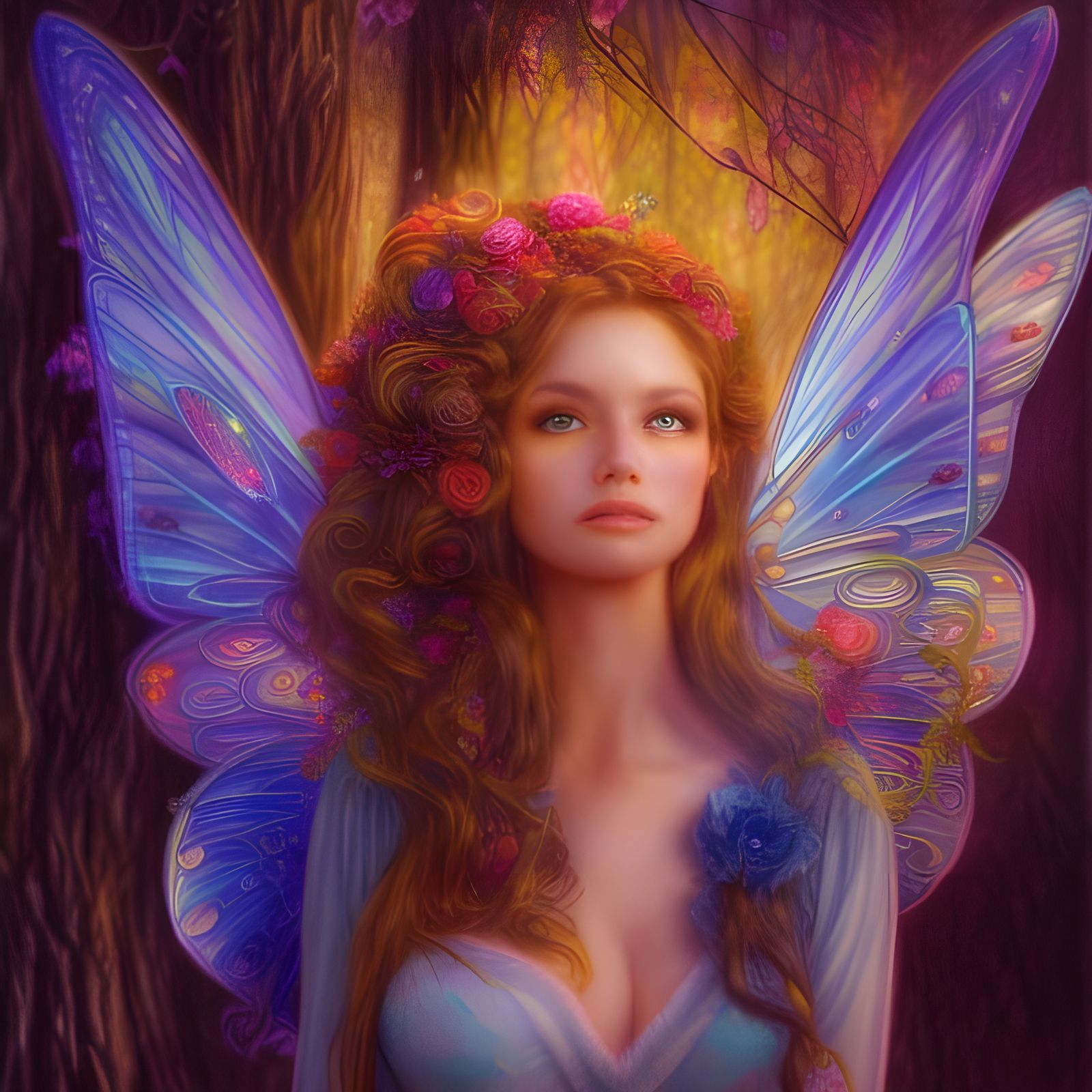 Hyperdetailed beautifull queen fairy in the bright lighted forest, a