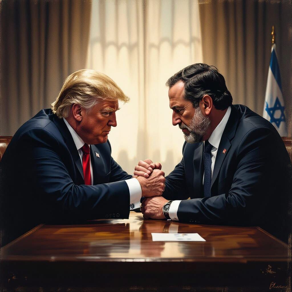 Trump and Herzog Arm Wrestling Under Dramatic Lighting