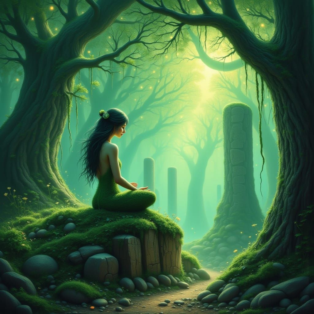 Moss Woman Meditating on Ancient Ruins in Enchanted Forest