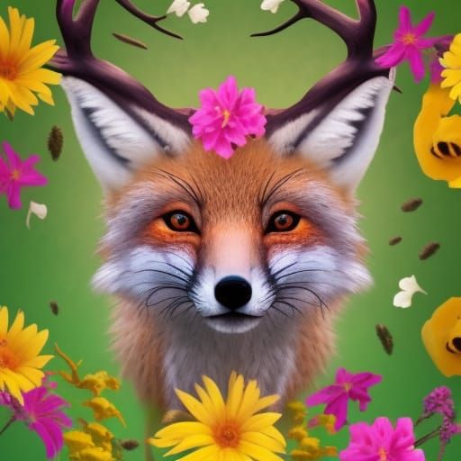 cute small earth fox with deer antlers and flowers on its bo...