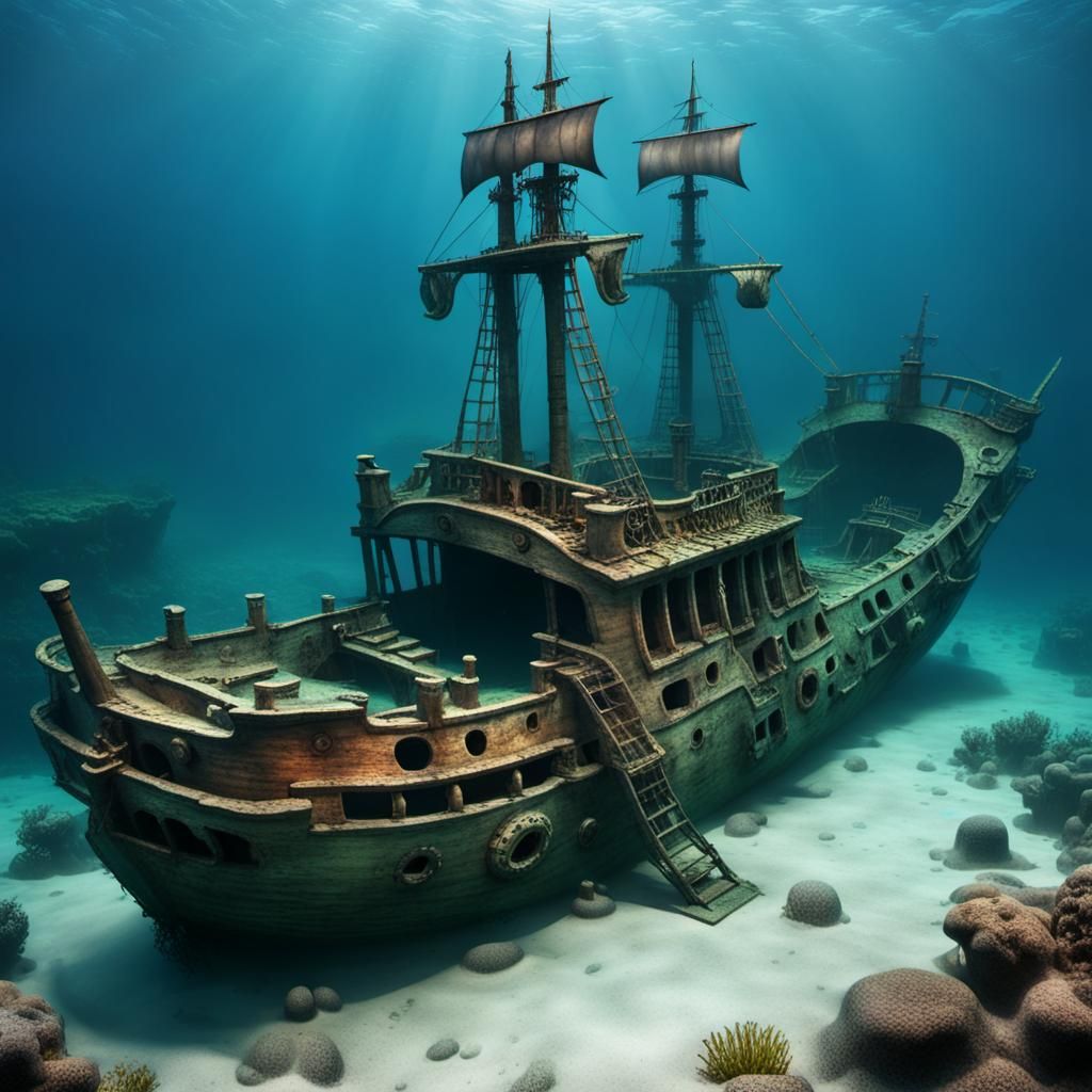 underwater sunken pirate ship - AI Generated Artwork - NightCafe Creator