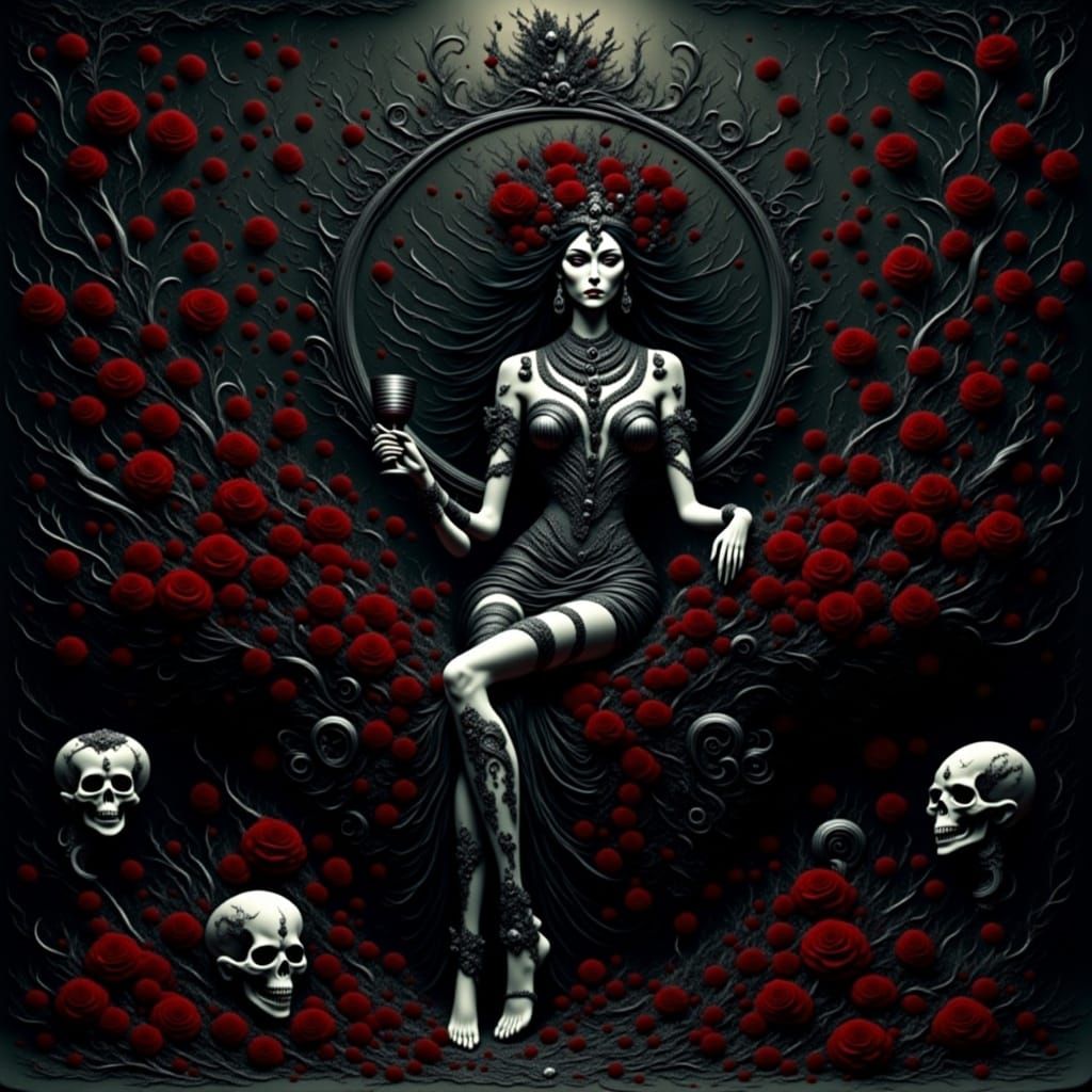 <lora:Flora Lora:1.0> (vampire cleopatra:1.9), vampire queen with long bloody fangs, holding a goblet of blood, roses, Long-view, wide-shot,...