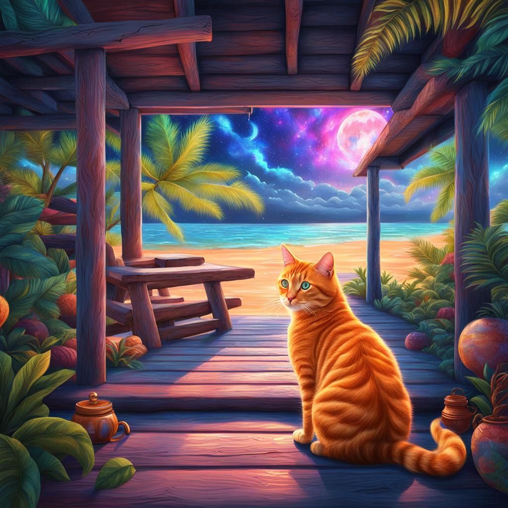 ginger cat on the porch of a small wooden cabin on a tropica...