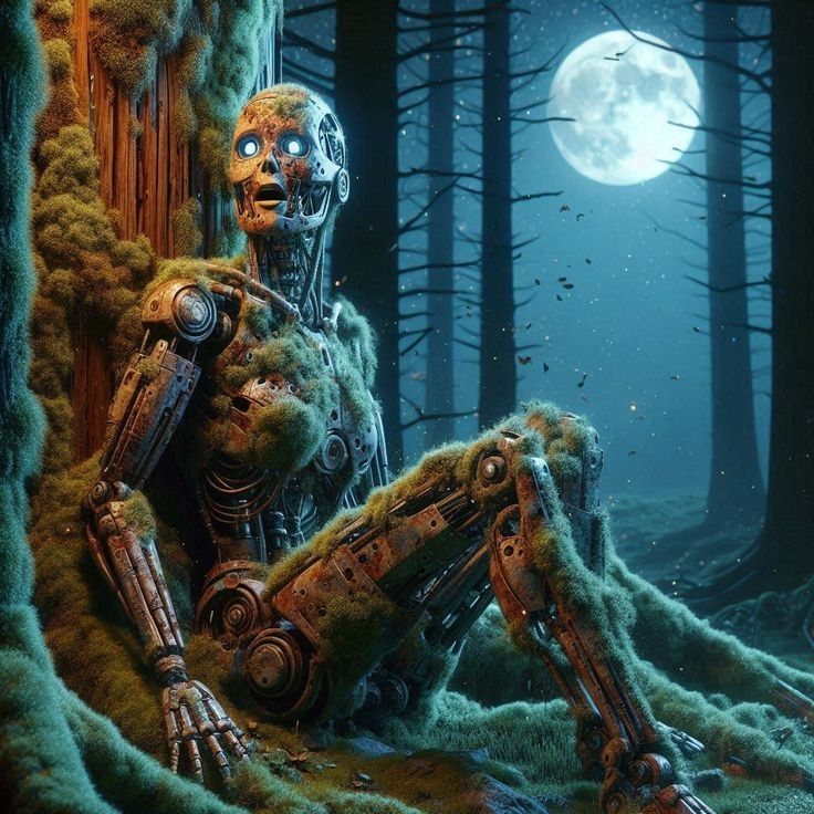 Old Robot sitting against a Tree, Aging