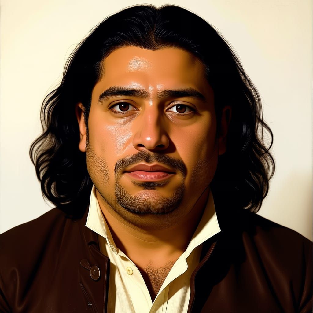 short and of a sturdy build, clean-shaven and dark-skinned, with a fleshy hooked nose and very large, lustrous and liquid eyes. His long bla...