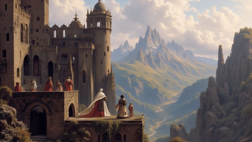 <lora:Concelo:1.0> in the style of an ancient shroud, depict a white rogue looking out from castle parapets over vast stepped