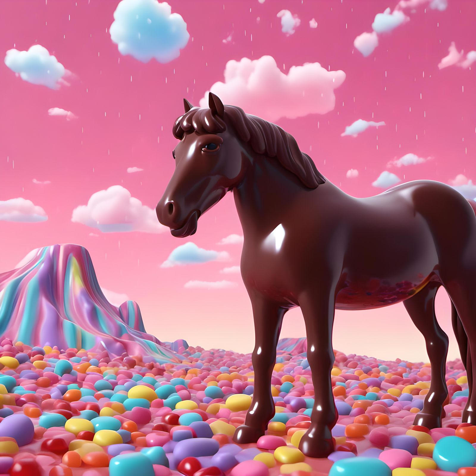 a chocolate horse in a gummy candy wonderland, gummy candy hills, cloudy sky, smooth cgi animation, <lora:CandyLand Test 29:1.0> 