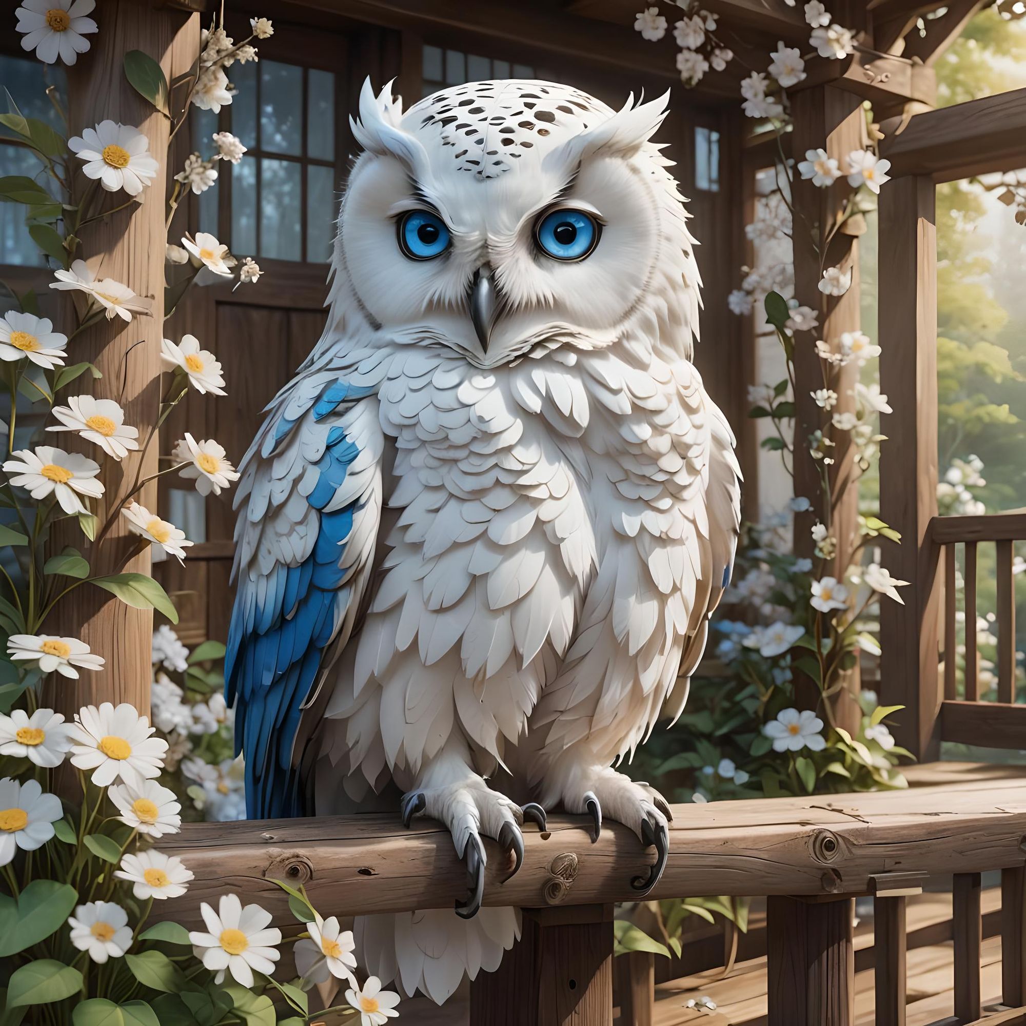 white owl with blue eyes sitting in a porch 