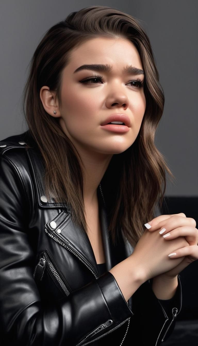 Sad Hailee Steinfeld, crying in her leather jacket - AI Generated ...