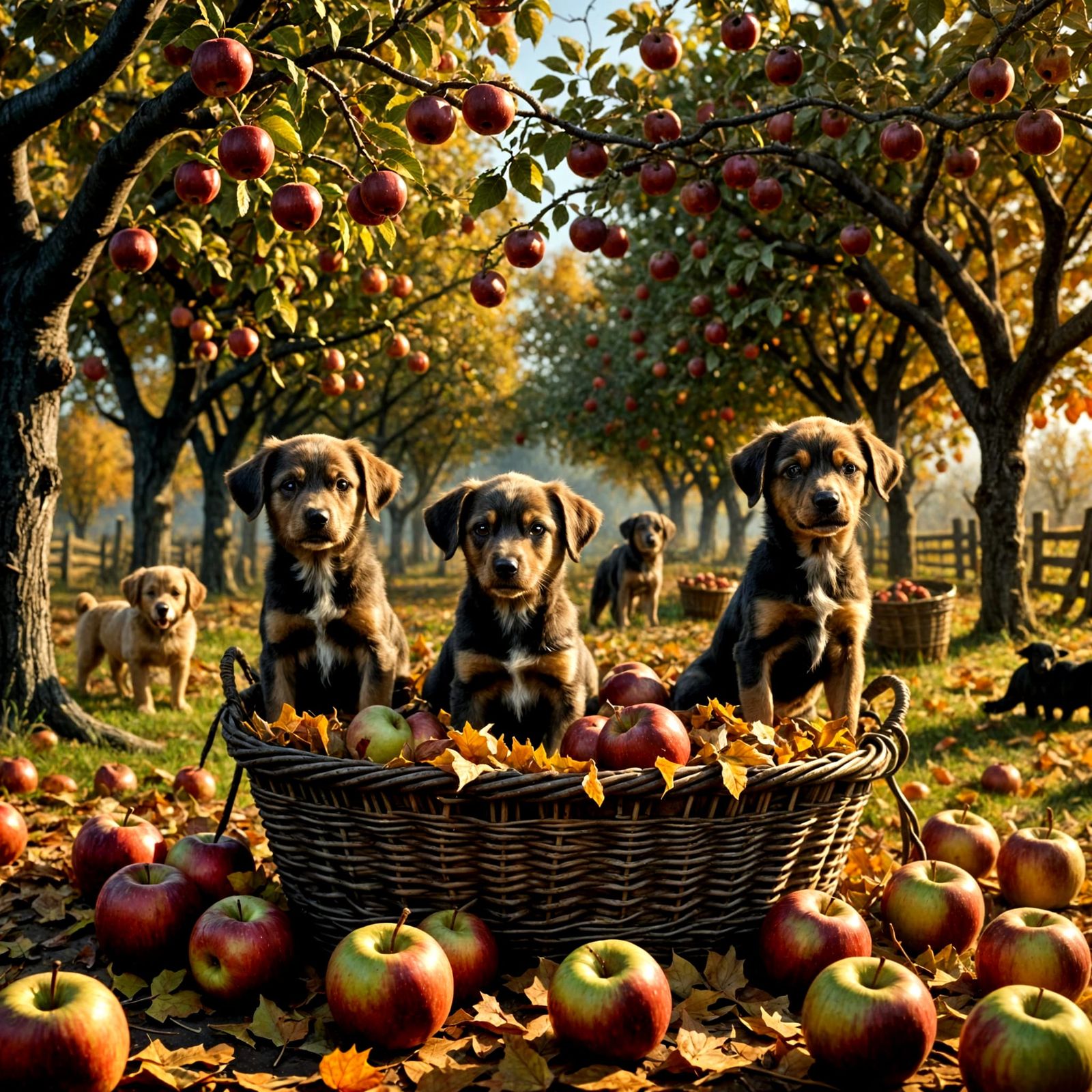 Puppies playing in piles of leaves