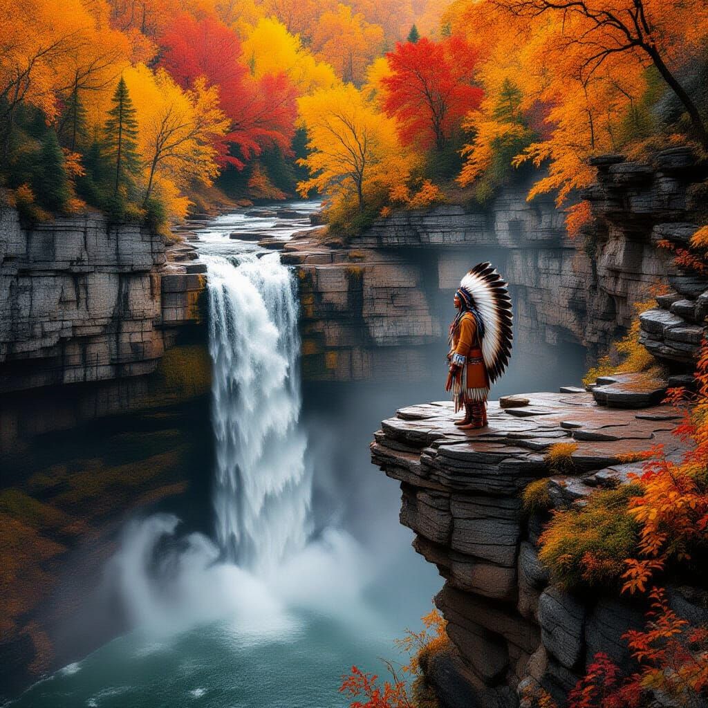 an American Indian standing on a cliff next to a waterfall 